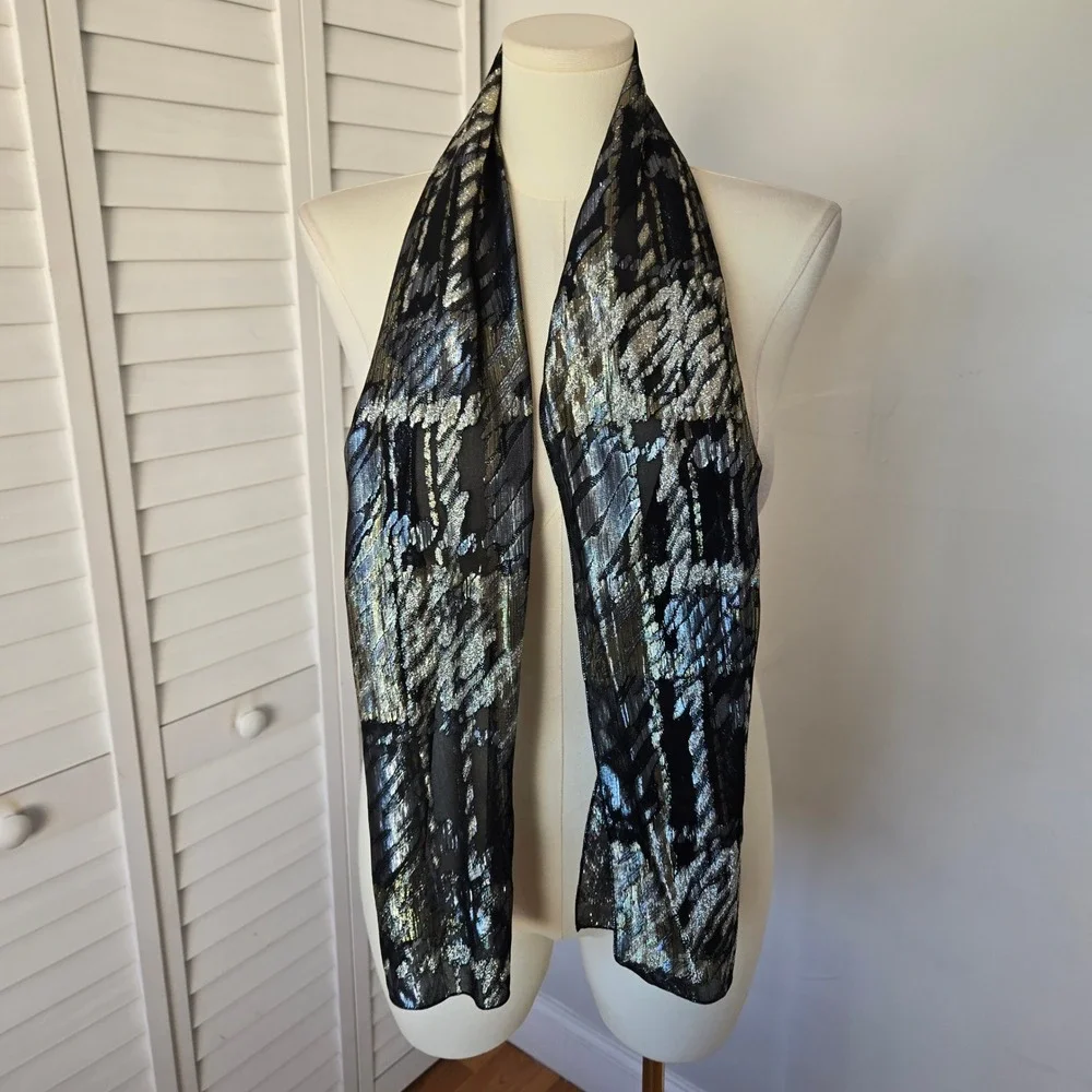Black Metallic‎ Sheer Scarf Wrap Abstract Shimmer Evening Y2K Glam